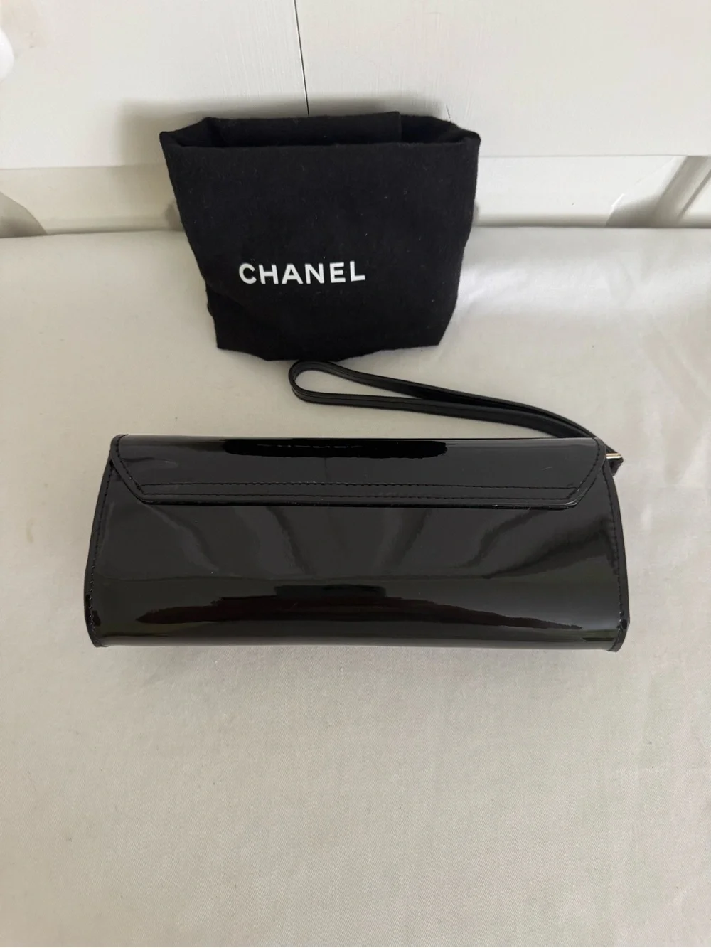 Black Patent Leather Wristlet Clutch with White CC Emblem